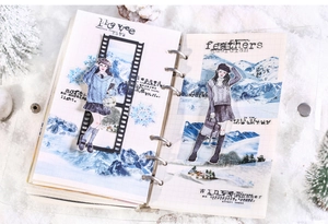 Winter snow PET tape decoration featuring ice blue mountain scenery and hand-drawn stickers