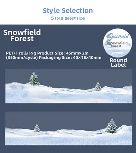 Detail of PET decorative tape featuring snowy forest patterns and technical specifications