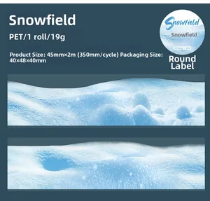 Detail showing PET decorative tape specifications with blue snow landscape pattern