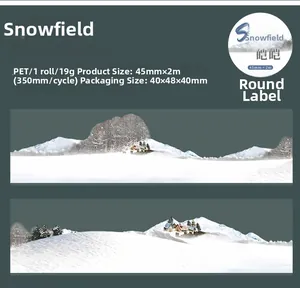 Detailed specs for Snowfield PET decorative tape with scenic winter forest illustrations