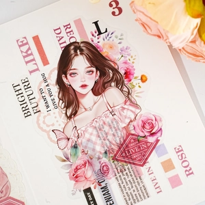 Pegatinas PET de chica anime con rosas rosas y mariposas para scrapbooking