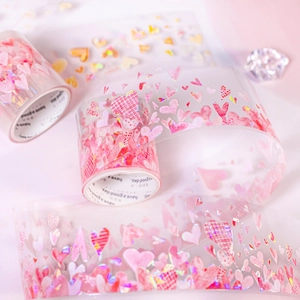 Ruban adhésif PET rose à motifs de cœurs avec effets laser pour décoration de scrapbooking