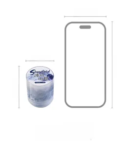 Size comparison of winter glacier PET tape against iPhone 15 showing 45mm x 2m dimensions