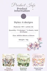 Especificaciones de pegatinas botánicas de PET vintage con vista del empaque