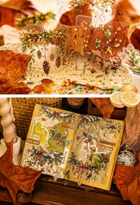 Detalle de pegatinas PET de naturaleza vintage con piñas y hojas para scrapbooking
