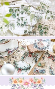 Detalle de pegatinas PET vintage para scrapbooking con motivos de plantas y flores