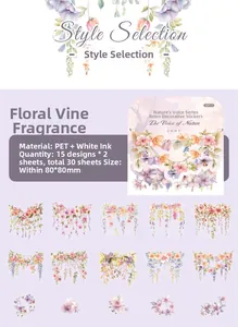Vista de 15 diseños de pegatinas de flores vintage en PET para álbumes de recortes