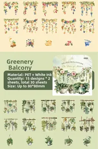 Detalle de pegatinas de PET botánicas vintage con motivos de plantas en acuarela