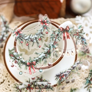 Pegatinas navideñas vintage de PET con ramas de pino y adornos para álbumes de recortes