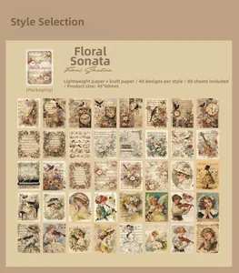 Λεπτομέρεια πακέτου vintage χαρτιού Flower Sonata με 80 ρετρό διακοσμητικά αυτοκόλλητα