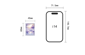 Σύγκριση μεγέθους αυτοκόλλητων Swan Lake 45x60mm δίπλα σε ένα πλαίσιο iPhone 14