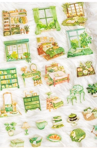 Détail d'autocollants PET de style apaisant avec meubles verts et illustrations aquarelles