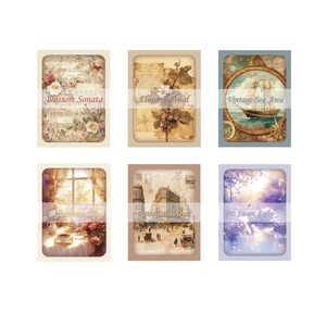Σετ 6 vintage χαρτιών scrapbooking με λουλουδάτα σχέδια και ναυτικές ελαιογραφίες