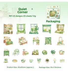 Set aus 25 PET-Aufklebern mit grünen Wohndekor- und Pflanzen-Illustrationen im Detail