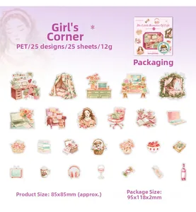 Detailansicht der PET-Sticker mit gemütlichen Lifestyle-Motiven wie Zelten und Hunden