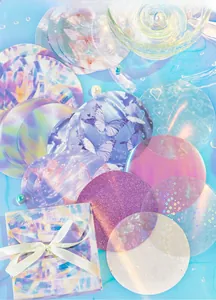 Macro view of Purple Butterfly holographic circular paper sheets with dreamy pearls decor