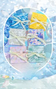 Close-up of Paper Star River Series round stickers with shimmering film and ribbon bows