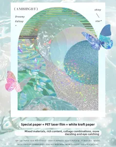 Detail of laser film butterfly stickers and blue decorative paper for journaling