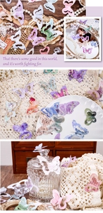 Detail of vintage 3D butterfly paper stickers with elegant English script for DIY journaling