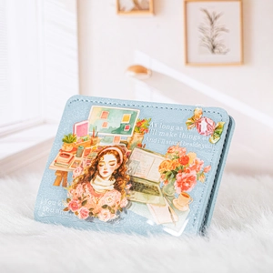 Porte-cartes bleu clair pailleté avec illustration d'anime mignonne et motifs floraux