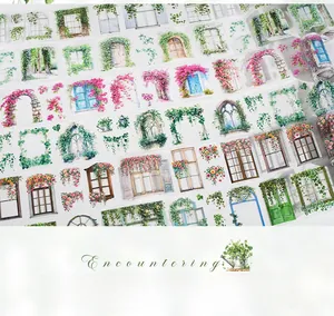 Close-up of watercolor window sill and floral vine patterns for DIY scrapbooking tape