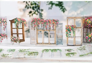 Detailed close-up of PET floral tape featuring European window designs and pink roses
