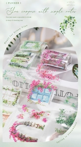 Detail of transparent PET tape with floral bougainvillea and retro window designs