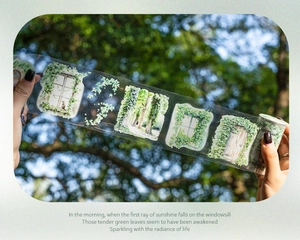 Detail of PET decorative tape featuring watercolor vines and windows for DIY journaling