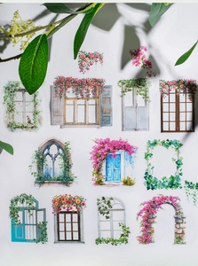 Detailed view of floral PET tape stickers featuring vintage window and door designs