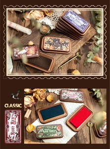 Detailed view of vintage tin box ink pads in multiple colors for scrapbooking DIY