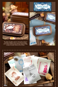 Detailed macro view of vintage tin stamp pads and decorative scrapbook paper in warm tones