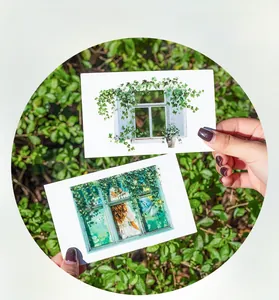 Detail of vine windowsill themed decorative scrapbooking stickers and floral art cards