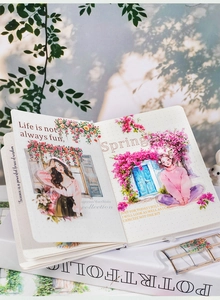 Detail of DIY scrapbook tape featuring floral vine window and vintage aesthetic art