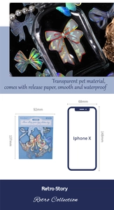 Détail des stickers PET Moon Lake avec papillons holographiques et comparaison de taille