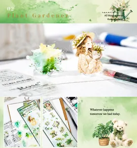Makro-Detail von Aufklebern zum Thema Gärtner mit Blumen- und Mädchen-Illustrationsmustern
