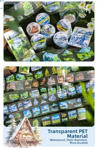 Detailed macro of PET decorative tape featuring hand-painted landscape scenery for journaling