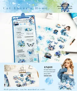 Details von Blumen- und Katzen-PET-Aufklebern mit Pinseln und Palette im kreativen Flatlay