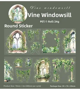 Detail of PET decorative tape featuring watercolor vines and vintage window designs