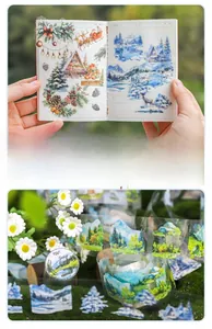 Detailed PET tape showing winter forest landscapes, snow cabins, and reindeer motifs