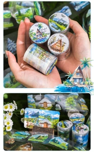 Close-up of Artistic Journey Series PET tape featuring scenic landscapes and floral motifs