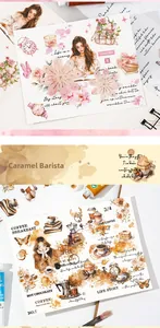 Detail von PET-Aufklebern mit Aquarell-Kaffee-Kultur und Mädchen-Illustrationen