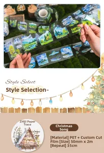 Close-up of PET landscape decorative tape with die-cut winter cabin and forest designs