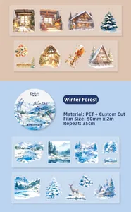 Detailed specs of Winter Forest PET tape with die-cut shapes and snowy landscape patterns