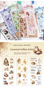 Detaillierte PET-Sticker mit Vintage-Kaffee-Motiv, Mädchen und Aquarell-Elementen