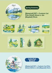 Detailed PET decorative tape featuring die-cut scenic landscape illustrations for scrapbooking