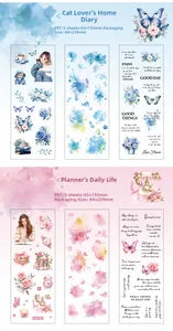Details von PET-Aufklebern mit Blumen, Katzen und Aquarell-Szenen für Bullet-Journaling