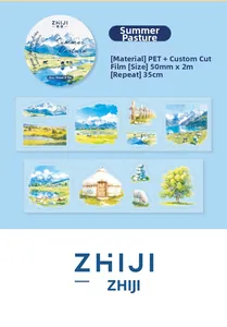 Detail of Summer Meadow PET tape featuring hand-painted watercolor nature landscapes