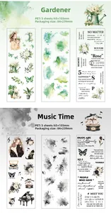 PET-Aufkleber mit floralen Botanik- und Vintage-Musikmotiven für kreatives Scrapbooking