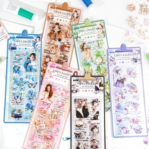 Vintage PET Aufkleber Set Life Palette Serie Blumen Und Mädchen Illustrationen Für Scrapbooking Journaling DIY Deko