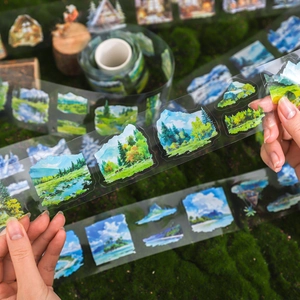 Landscape scenery PET decorative tape featuring hand-drawn mountains and forest for journaling